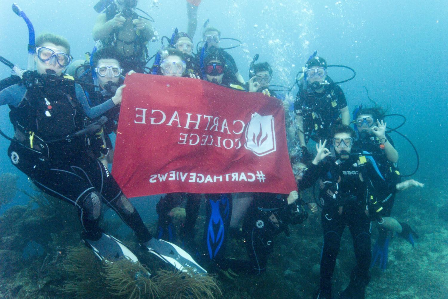 学生们手持<a href='http://wugpxe.maanshanxwz.com'>博彩网址大全</a>旗帜，在j学期洪都拉斯游学之旅中潜水.