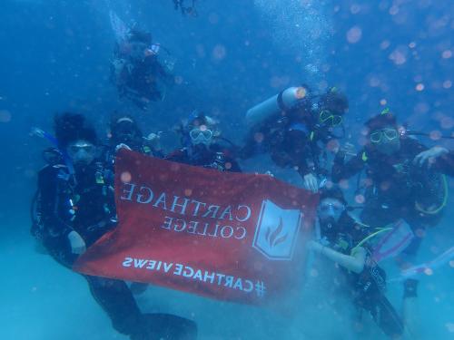 我和我的潜水团队在博彩网址大全旗帜下拍了一张水下照片.